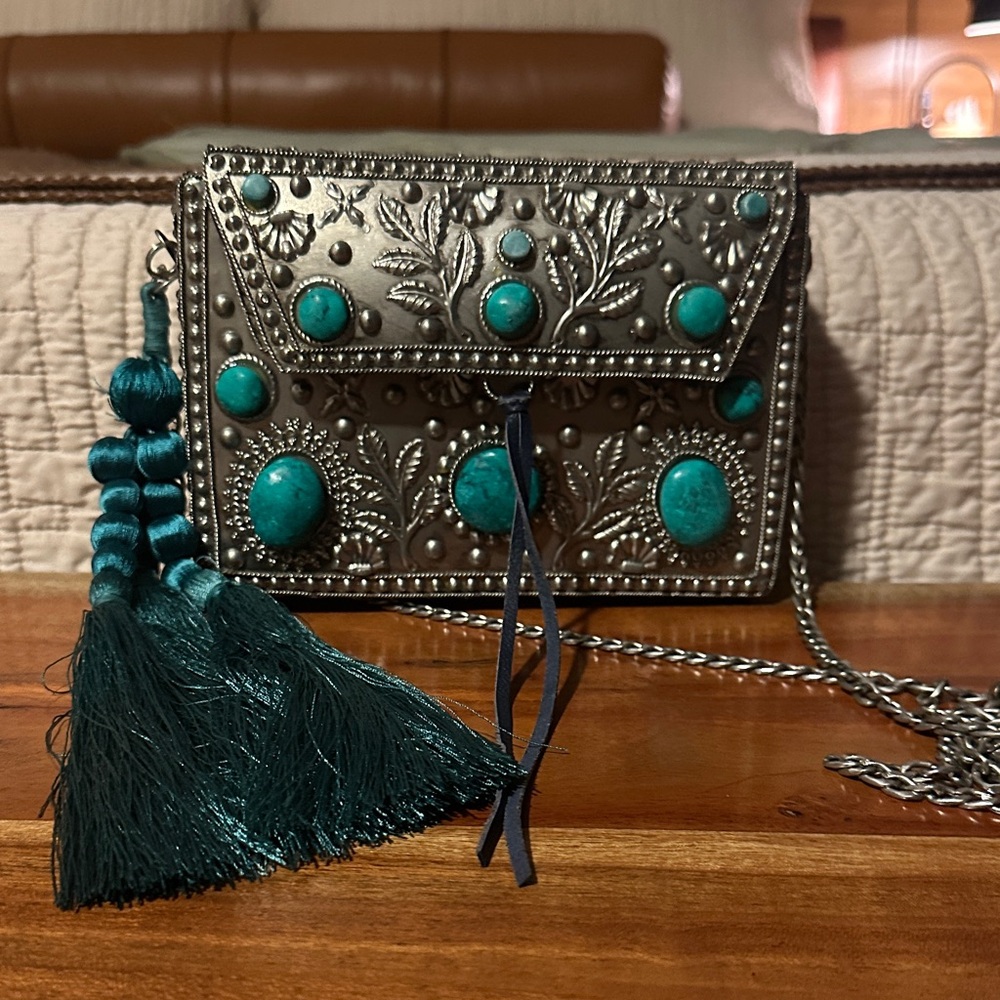 Sam Edelman Silver and Turquoise Embellished Clutch